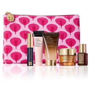 NWT EstΓ©e Lauder Pink Patterned Cosmetic Bag with Skincare Set